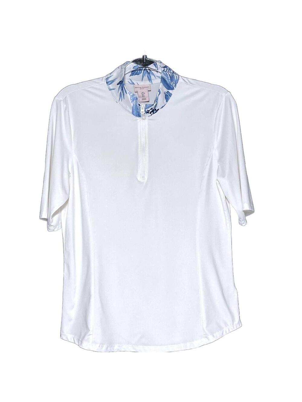 Tommy Bahama Women's Large 1/4 Zip Active UPF Polo Blue Floral Collar Golf White